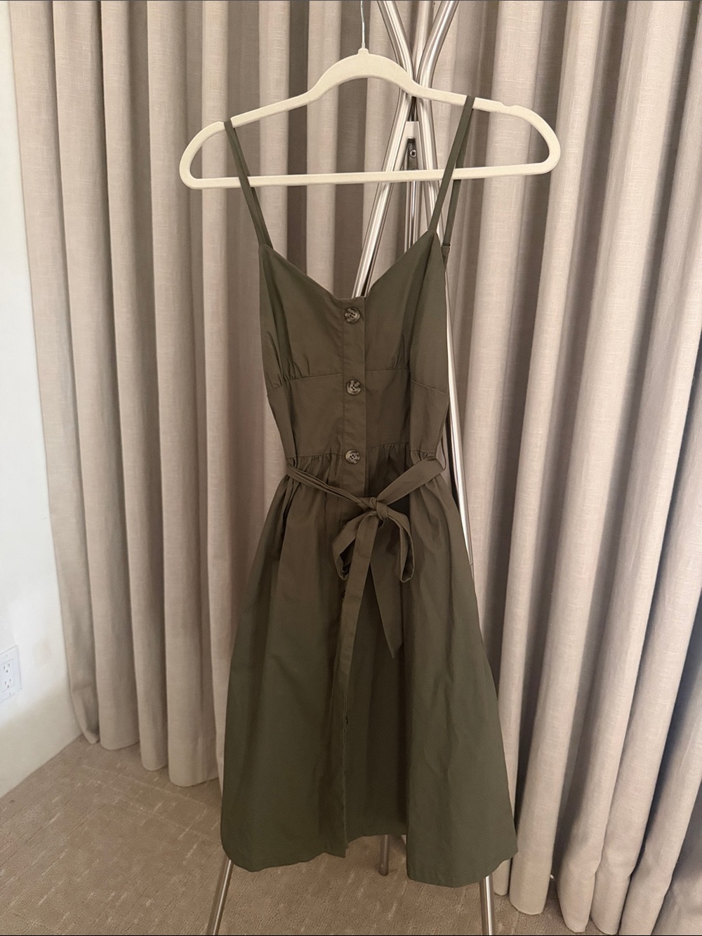 Good Luck Gem Olive Green Button-Front Midi Dress with Waist Tie
